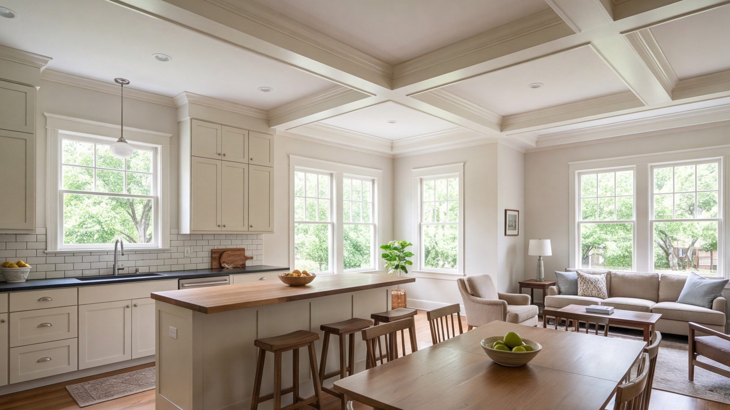 Wide view of a modern kitchen opening into the living room of a remodeled 1930s Houston bungalow