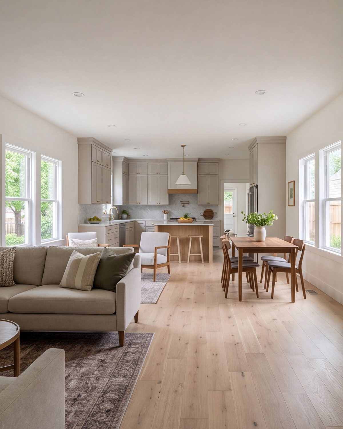Open living room, dining area and kitchen in a fully remodeled bungalow with a wide view through the house